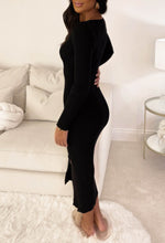 Take My Love Black Button Detail Long Sleeve Ribbed Knitted Midi Dress