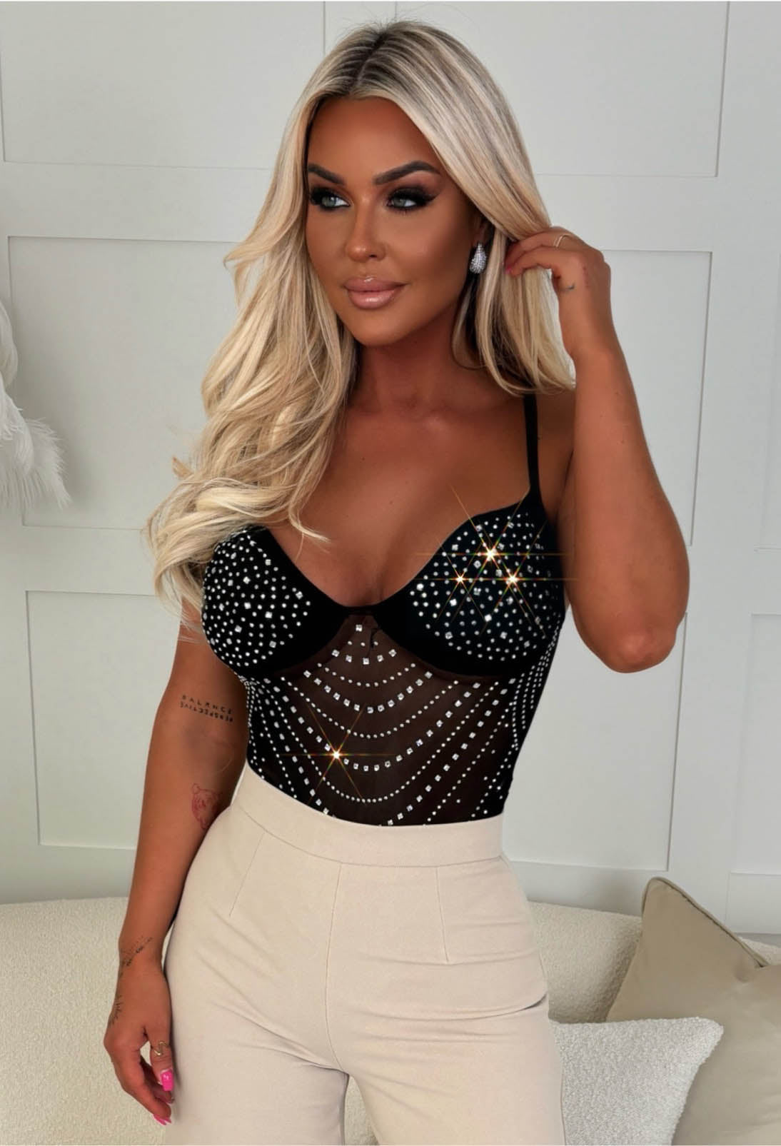 Take A Hint Black Sheer Embellished Bodysuit