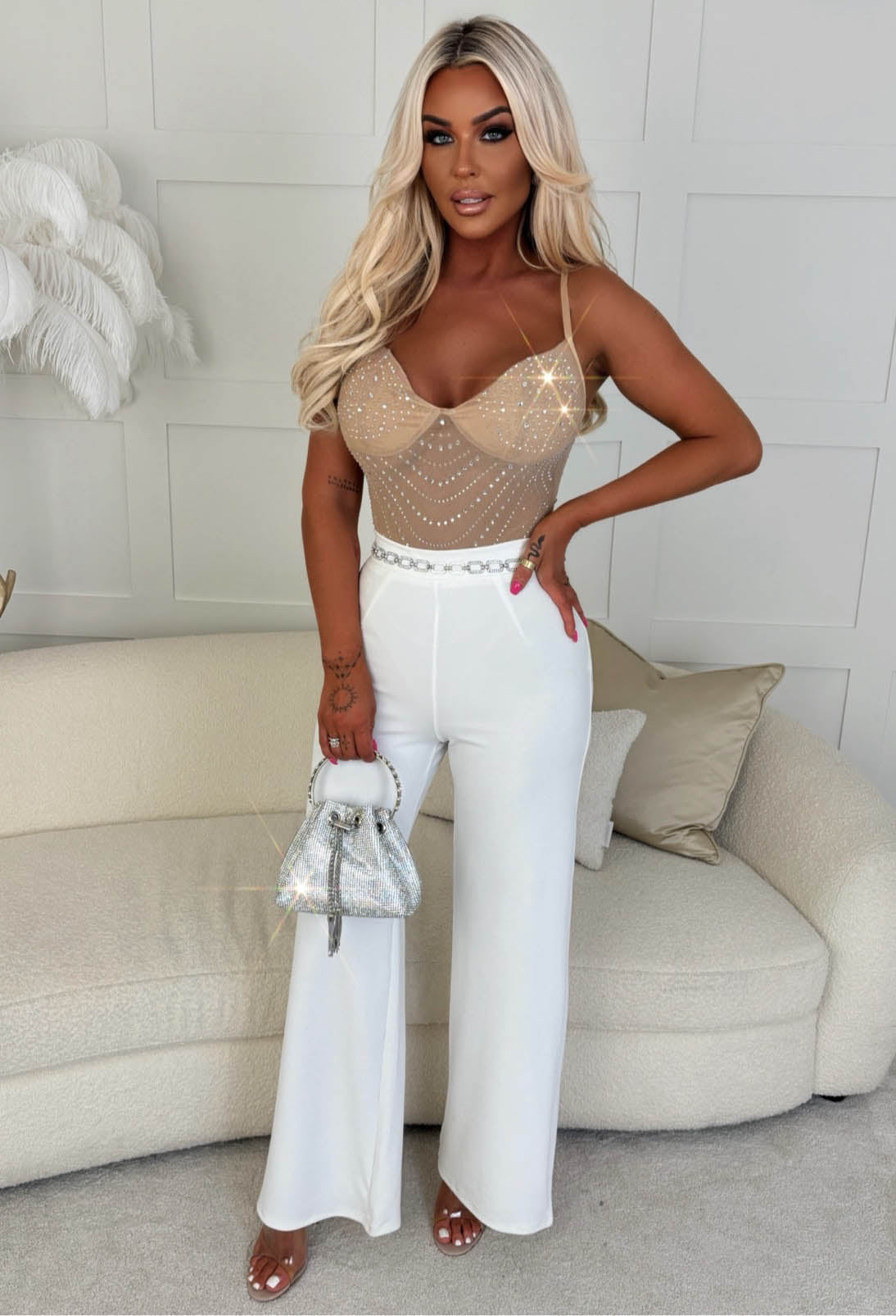 Take A Hint Nude Sheer Embellished Bodysuit