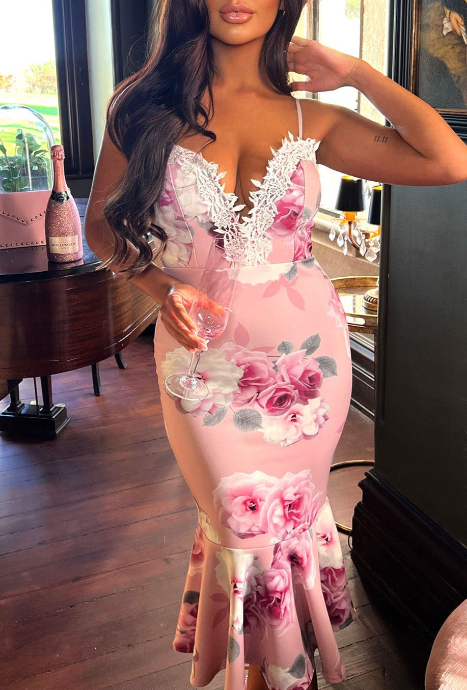 Wrapped In Love Pink Floral Lace Trim Midi Dress