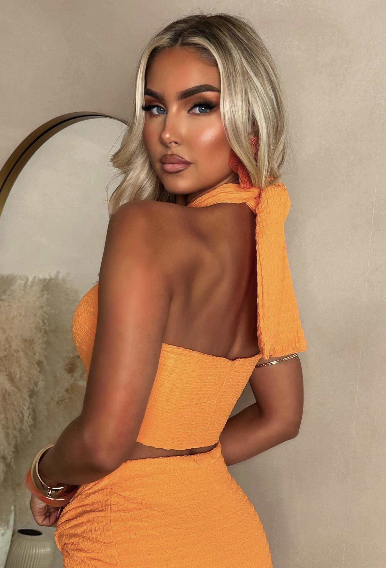 You're My Paradise Orange Crinkle Detail Halter Skirt Co-ord Set