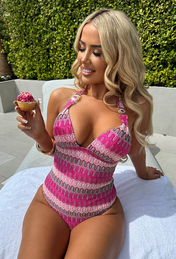 Antibes Pink Zig Zag Striped Deep Plunge Belted Swimsuit