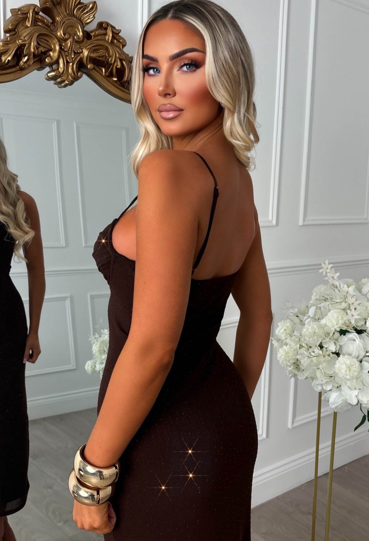 Adorn Me Brown Diamante Cami Maxi Dress