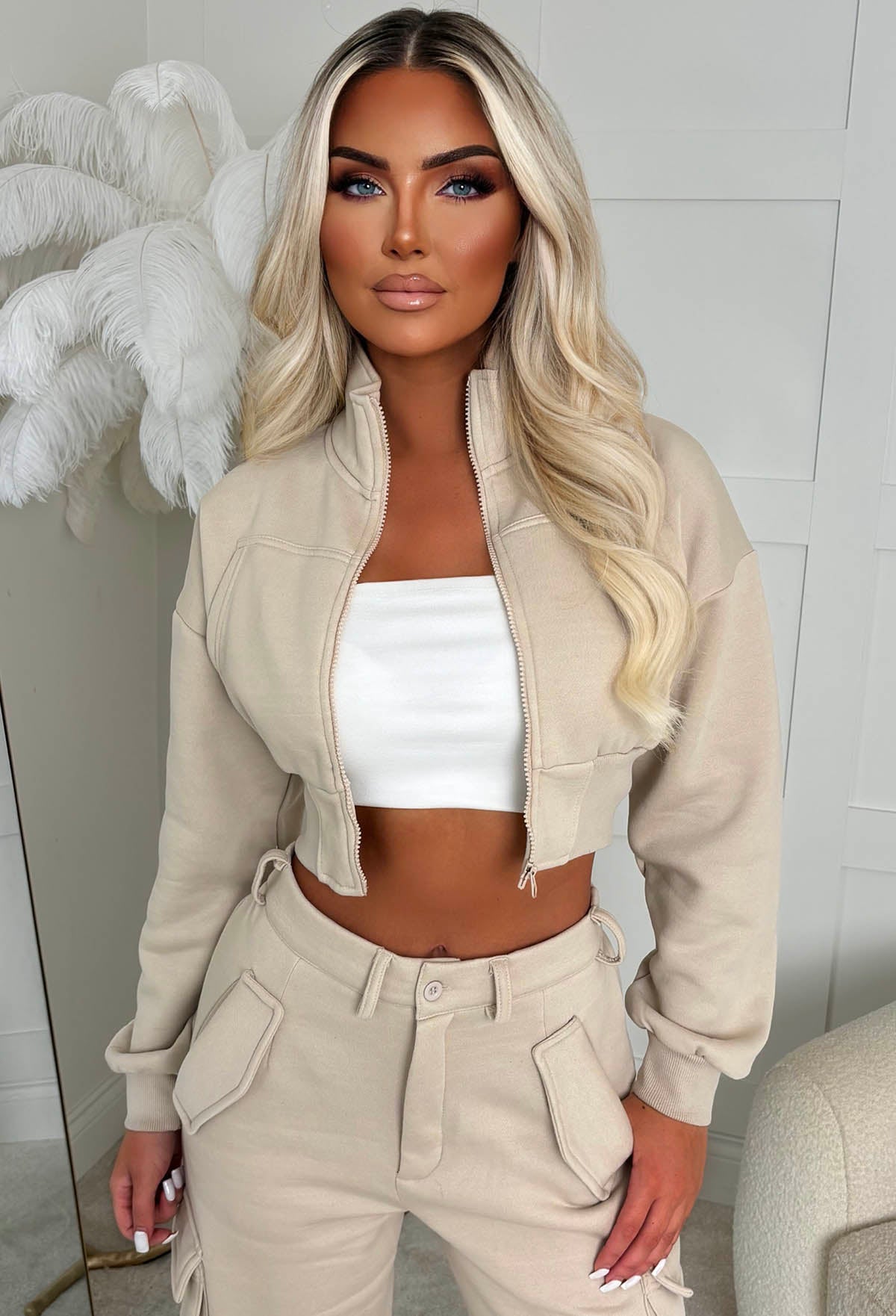 Airport Ready Beige Zipped Jacket & Cargo Jogger Set