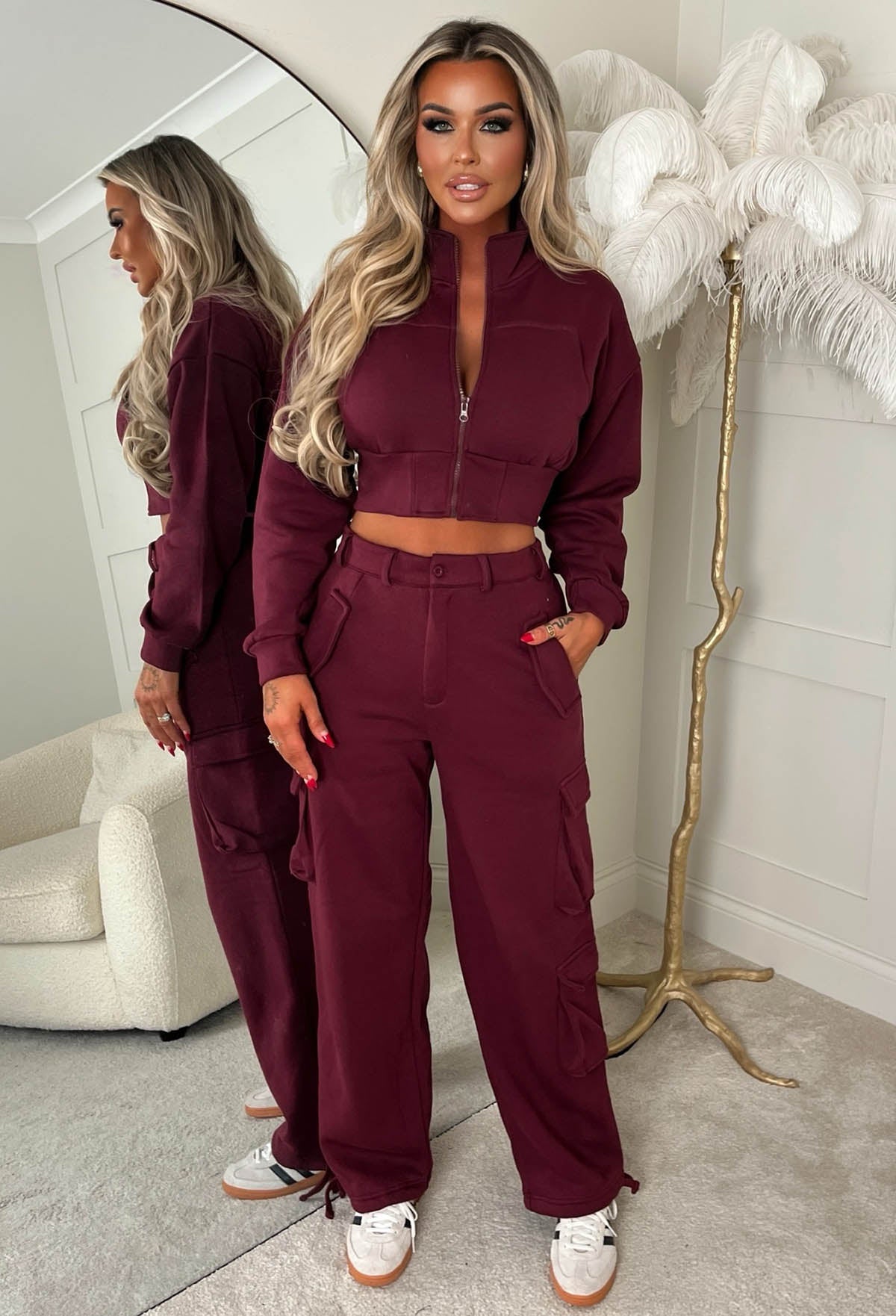 Airport Ready Burgundy Zipped Hoodie & Cargo Jogger Set