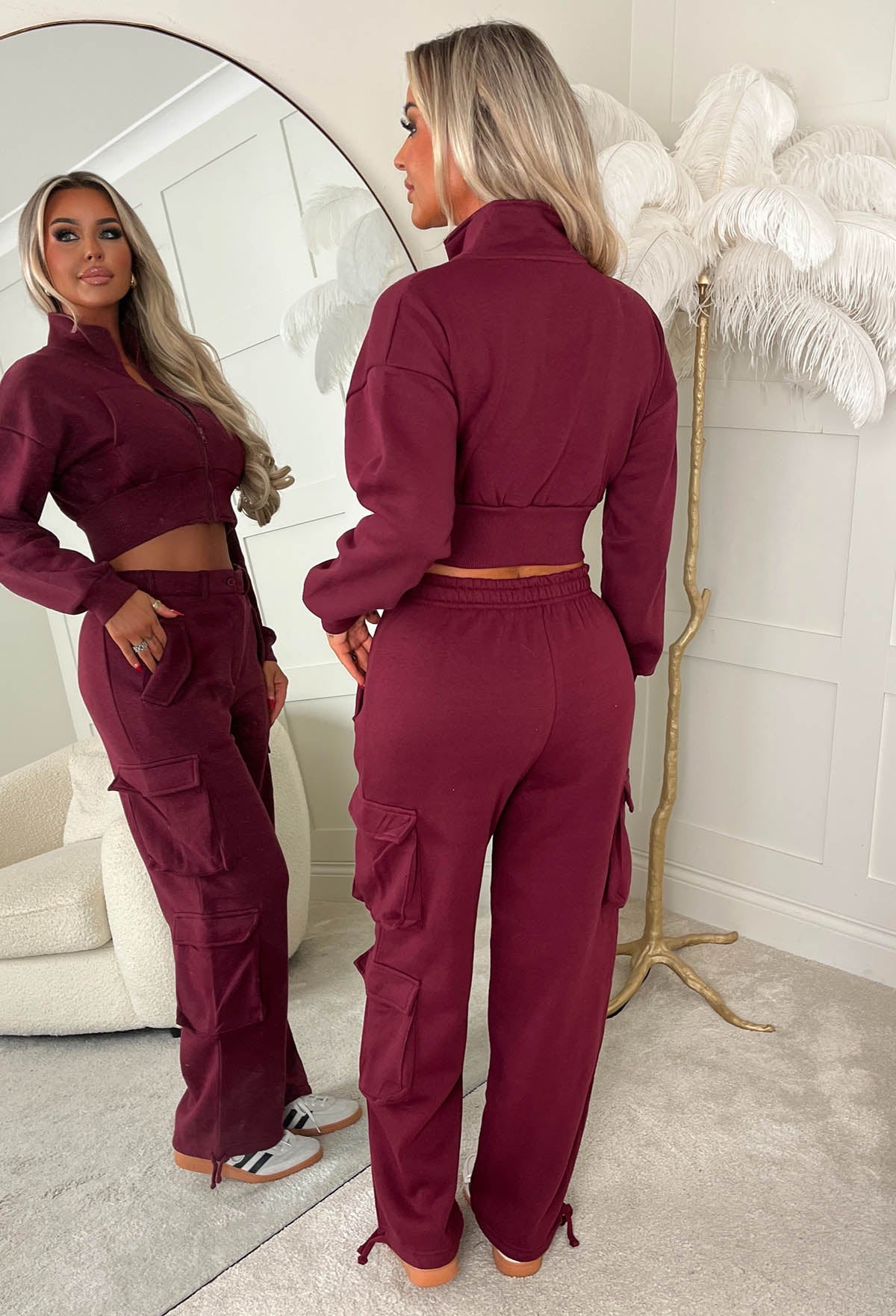 Airport Ready Burgundy Zipped Hoodie & Cargo Jogger Set