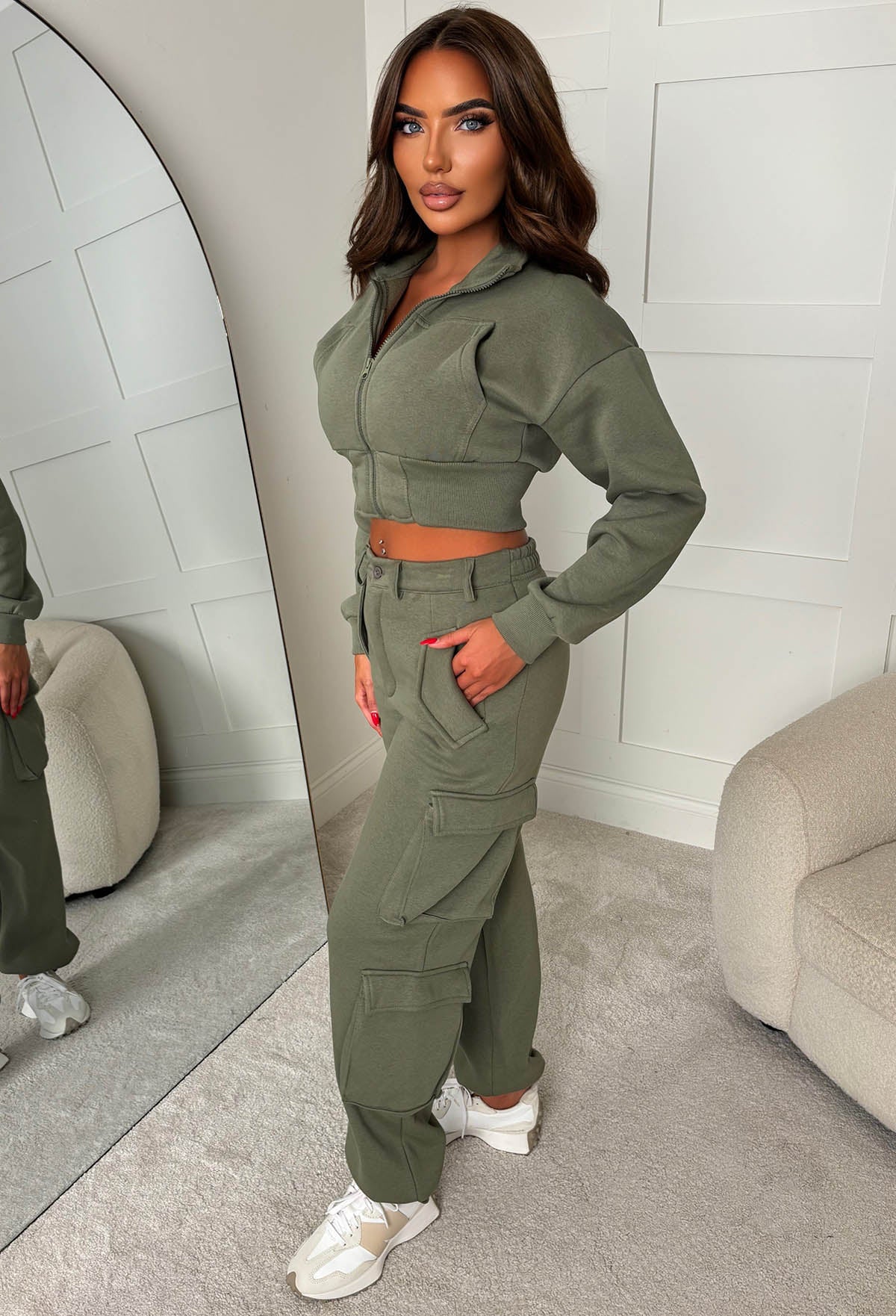 Airport Ready Khaki Zipped Jacket & Cargo Jogger Set