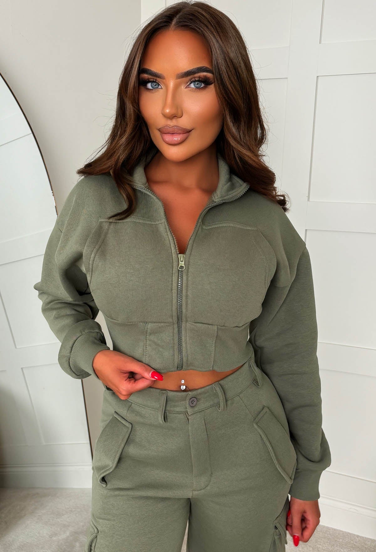 Airport Ready Khaki Zipped Jacket & Cargo Jogger Set