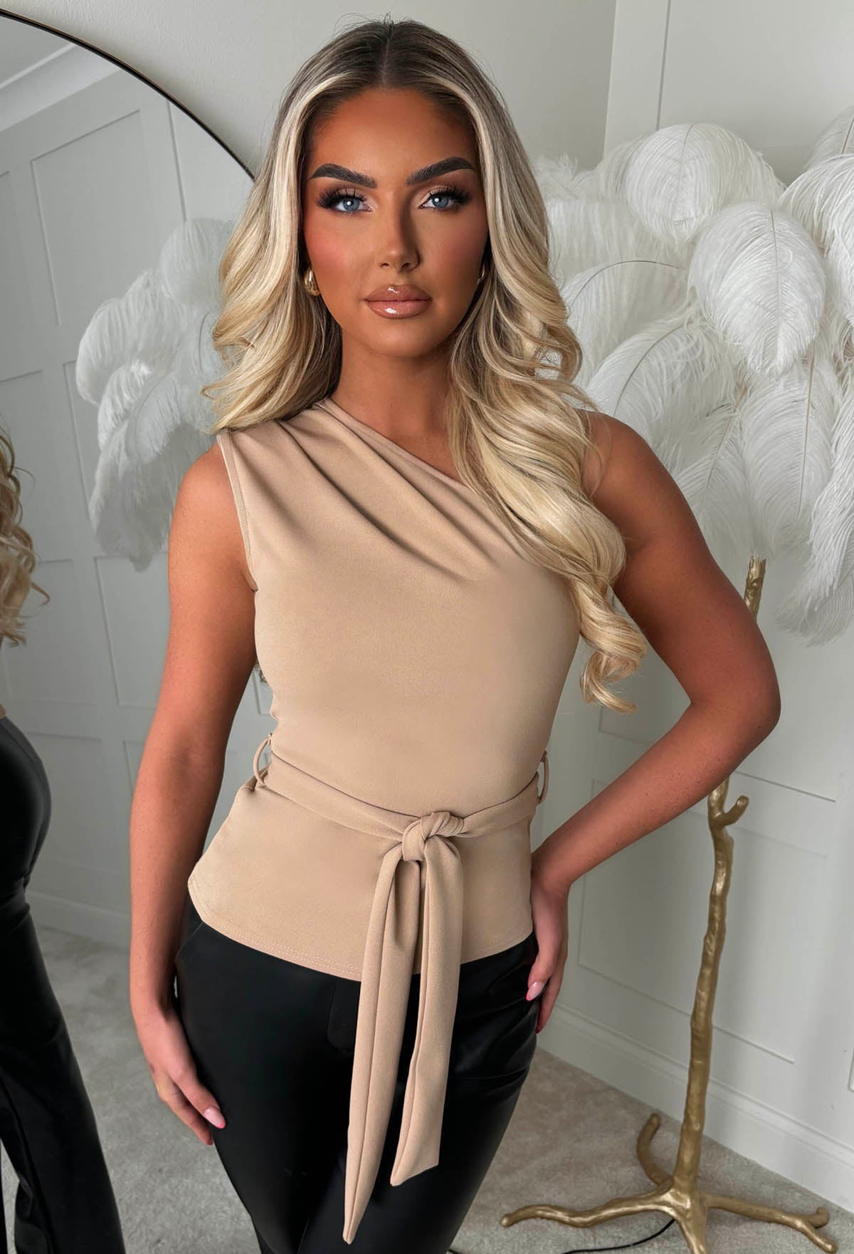 Alexandria Nude One Shoulder Tie Waist Top