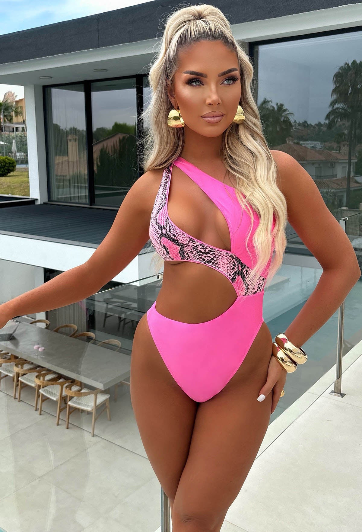 Algarve Hot Pink One Shoulder Snake Sequin Cut Out Swimsuit