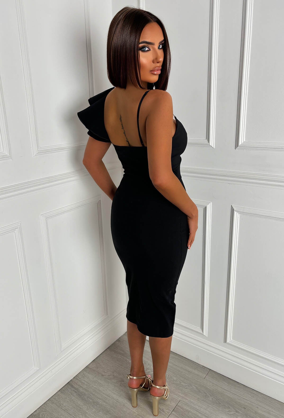 Alivia Black One Shoulder Cut Out Frill Shoulder Dress