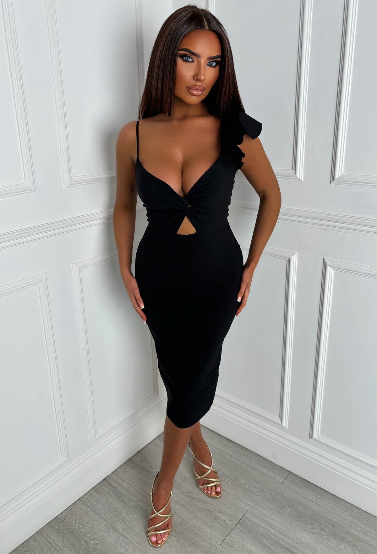 Alivia Black One Shoulder Cut Out Frill Shoulder Dress