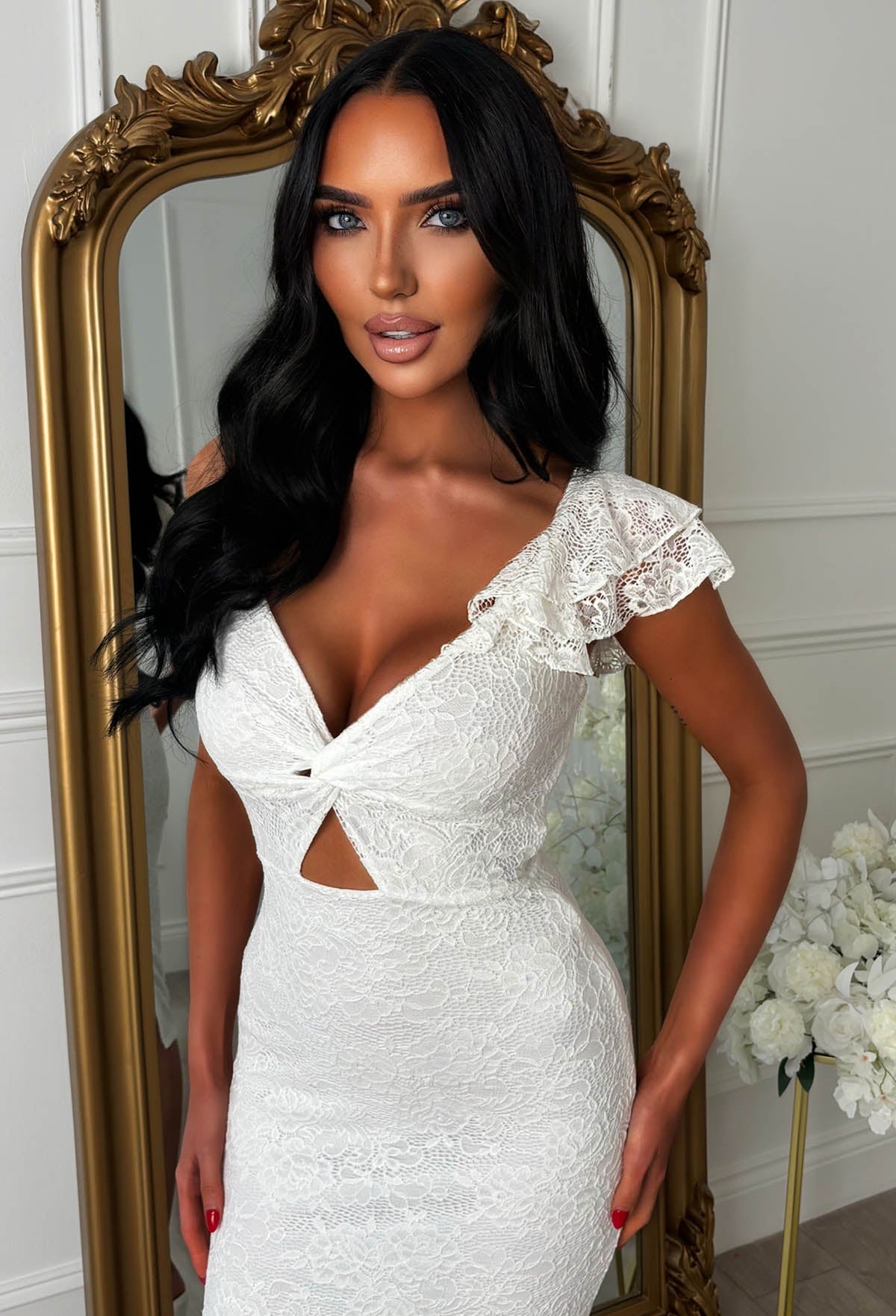 Alivia White Lace One Shoulder Cut Out Bandeau Dress