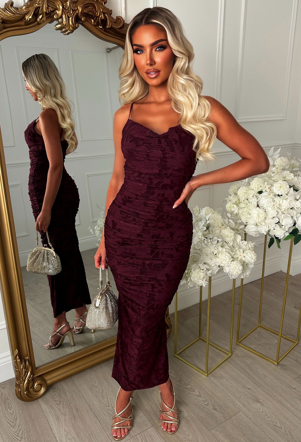 Berry mesh cowl neck midi dress in baby blue with thin straps, ruched sides and a fitted silhouette.