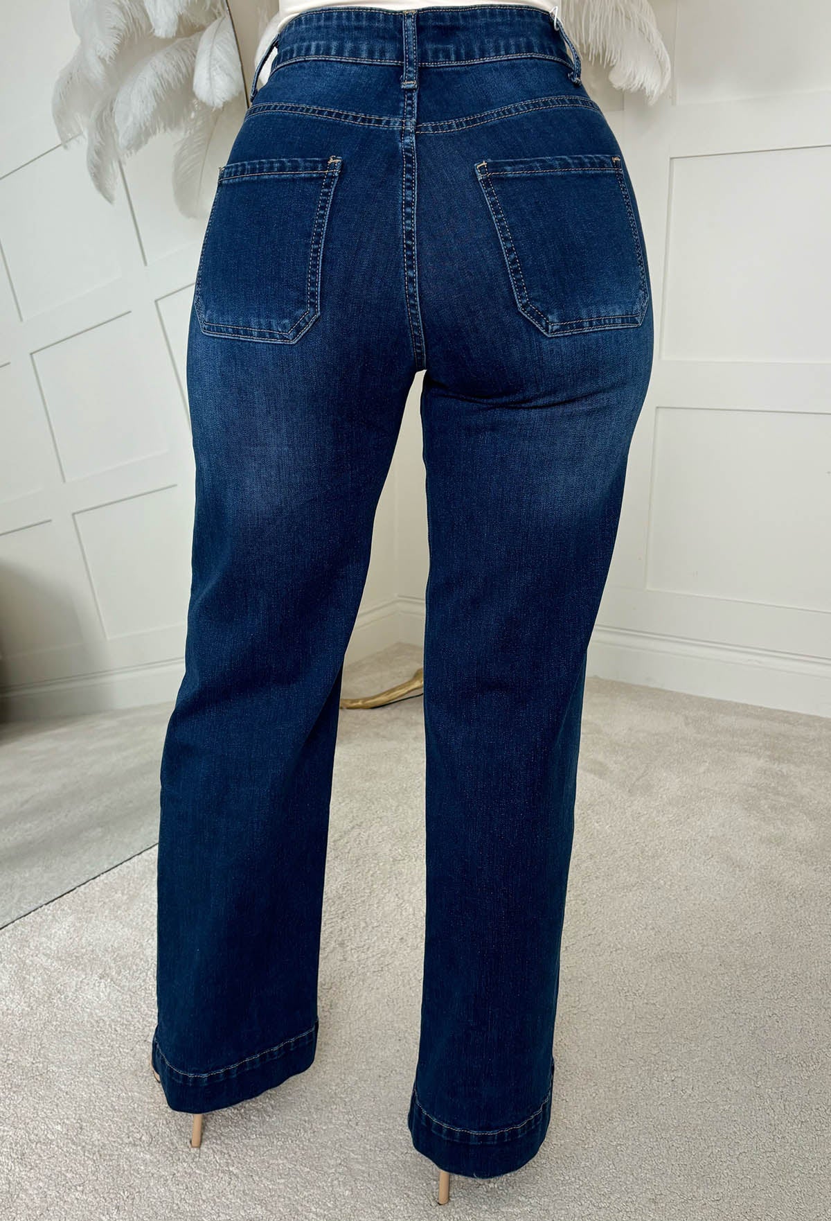 All In Dark Wash Stretch Denim Wide Leg Front Pocket Jeans