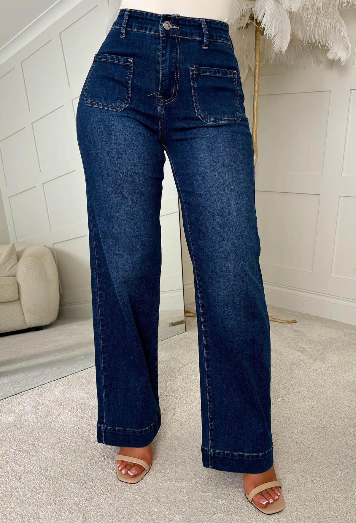 All In Dark Wash Stretch Denim Wide Leg Front Pocket Jeans