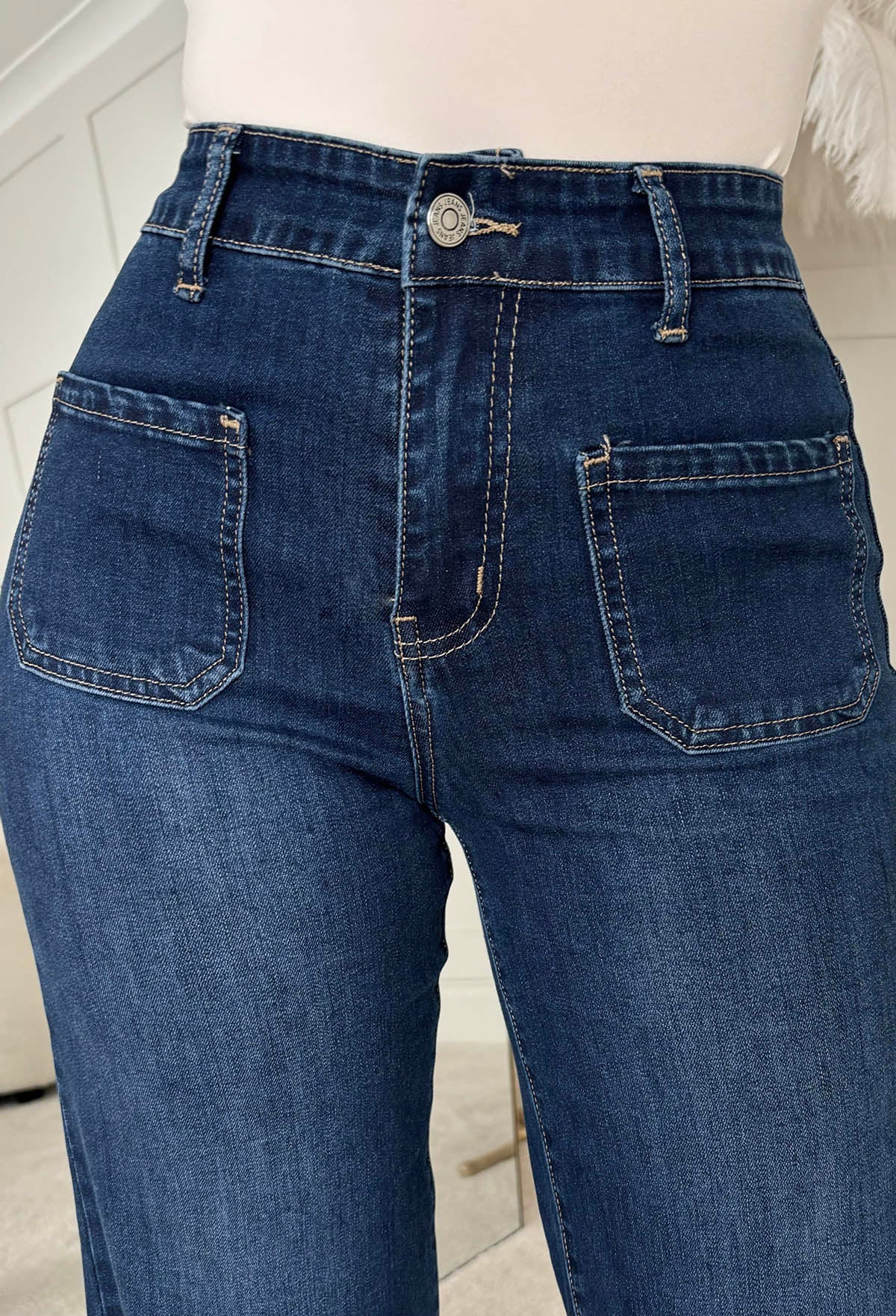 All In Dark Wash Stretch Denim Wide Leg Front Pocket Jeans