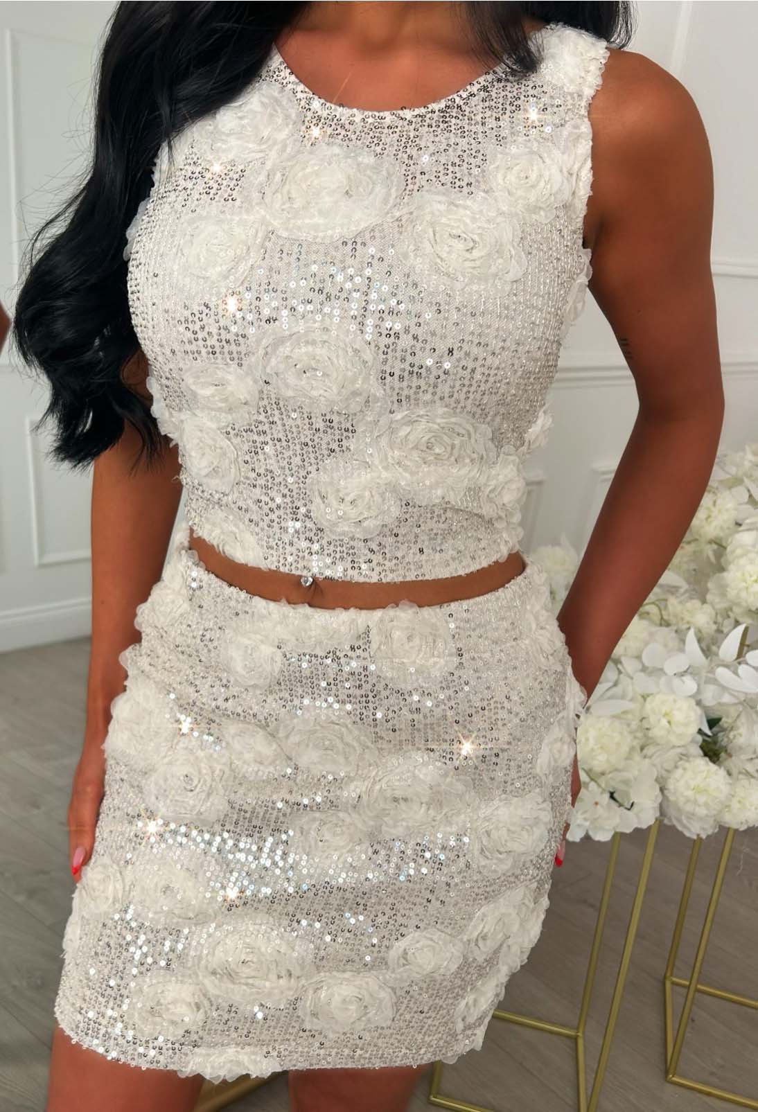 All Night Cream Floral Sequin Top & Mini Skirt Co-ord Set