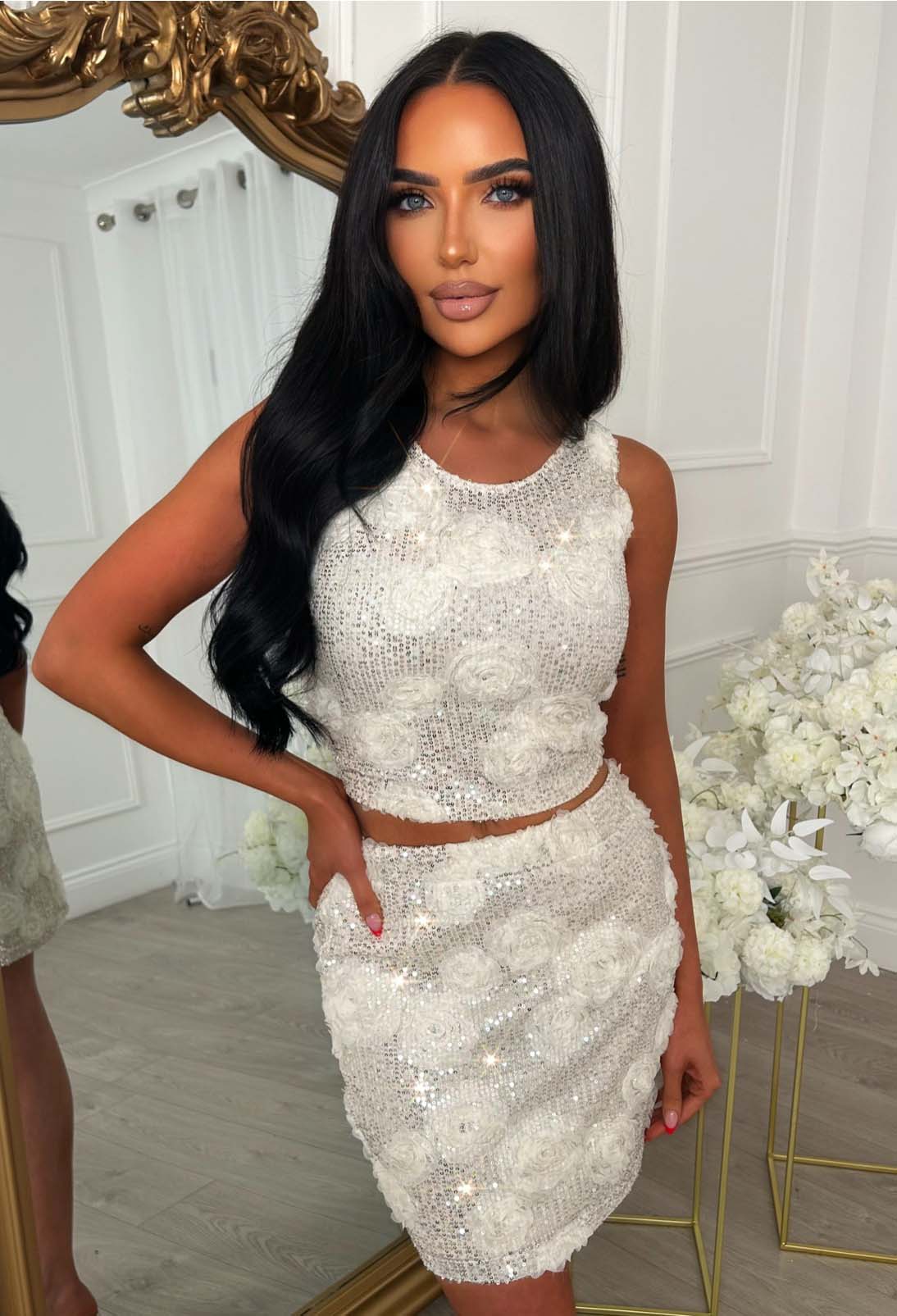 All Night Cream Floral Sequin Top & Mini Skirt Co-ord Set
