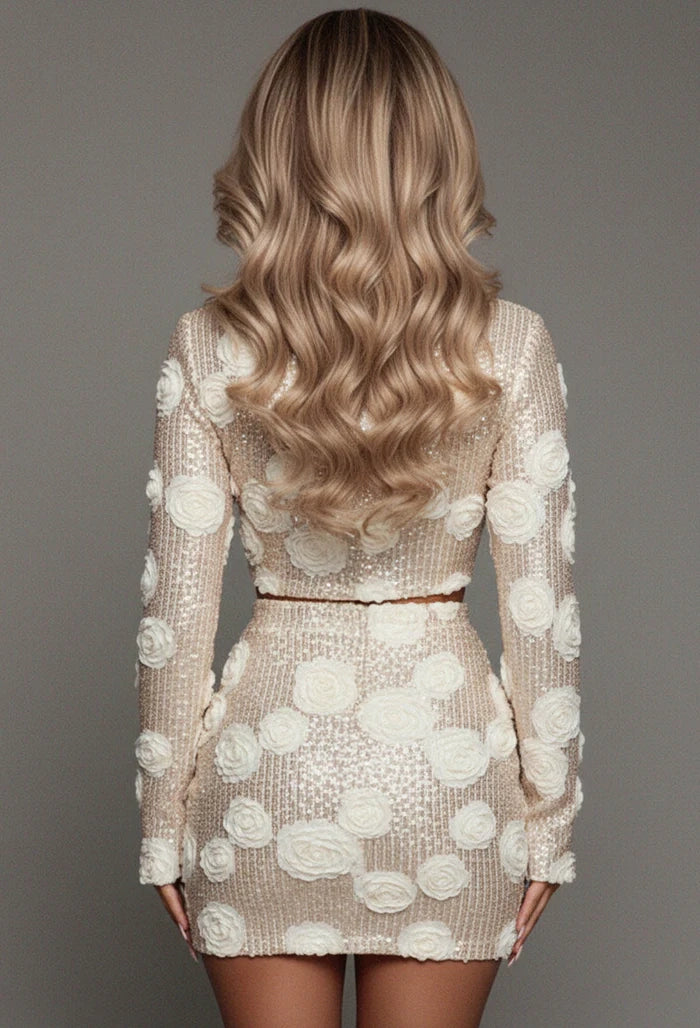 All Night Long Cream Floral Sequin Top And Mini Skirt Co-Ord Set