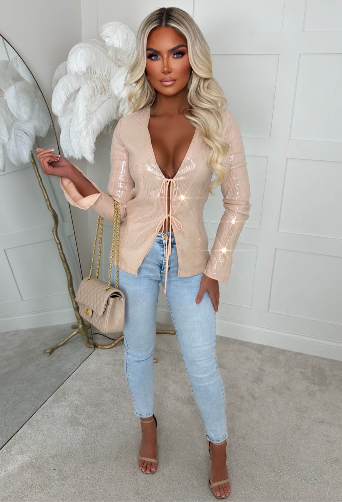 All Over Glitz Beige Sequin Double Tie Top