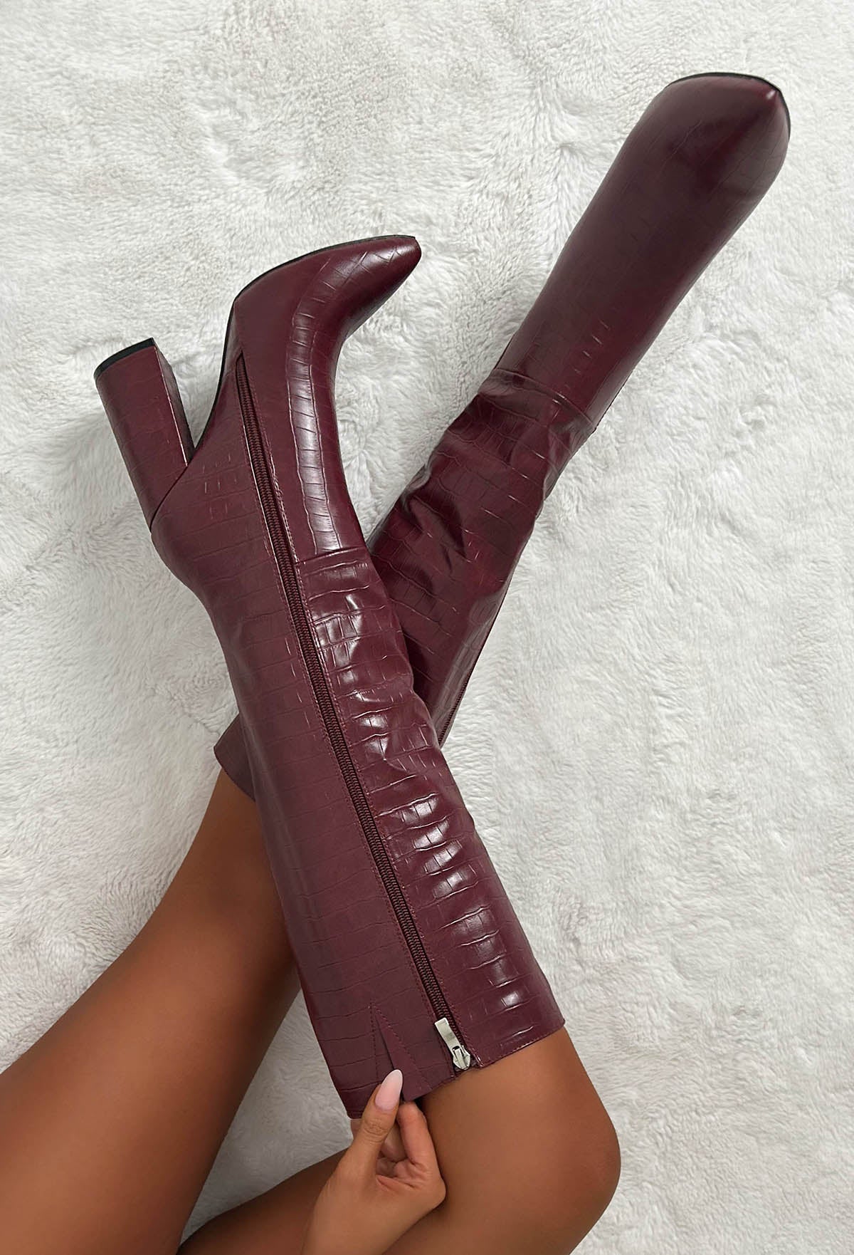 All You Want Wine Croc Effect Knee High Block Heel Boots