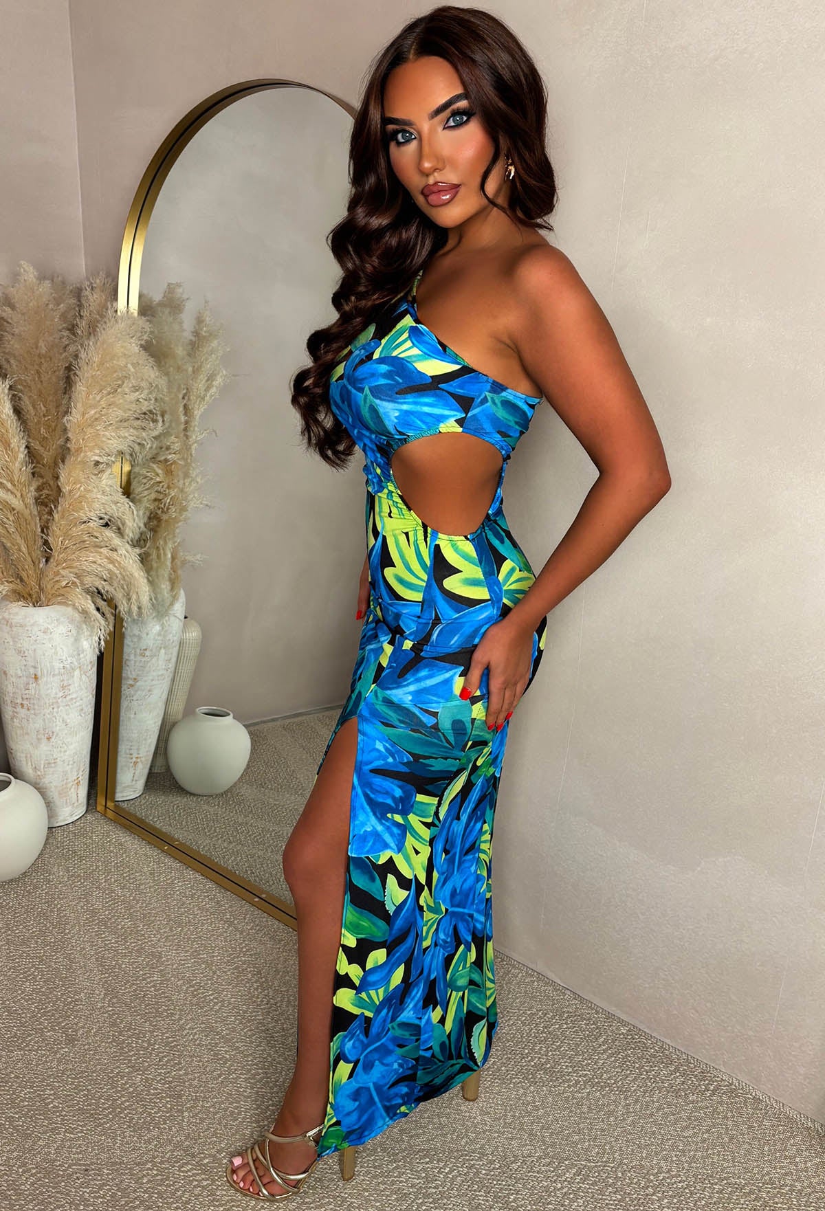 Aloha Affair Multi Leaf Print Side Cutout One Shoulder Dress