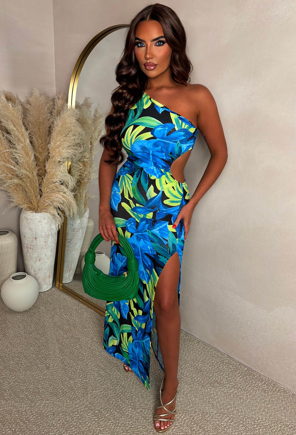 Aloha Affair Multi Leaf Print Side Cutout One Shoulder Dress