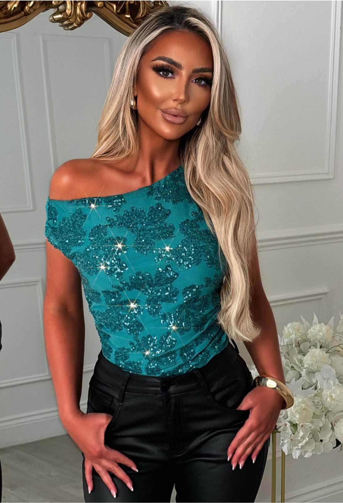 Aloha Babe Teal Off Shoulder Sequin Top