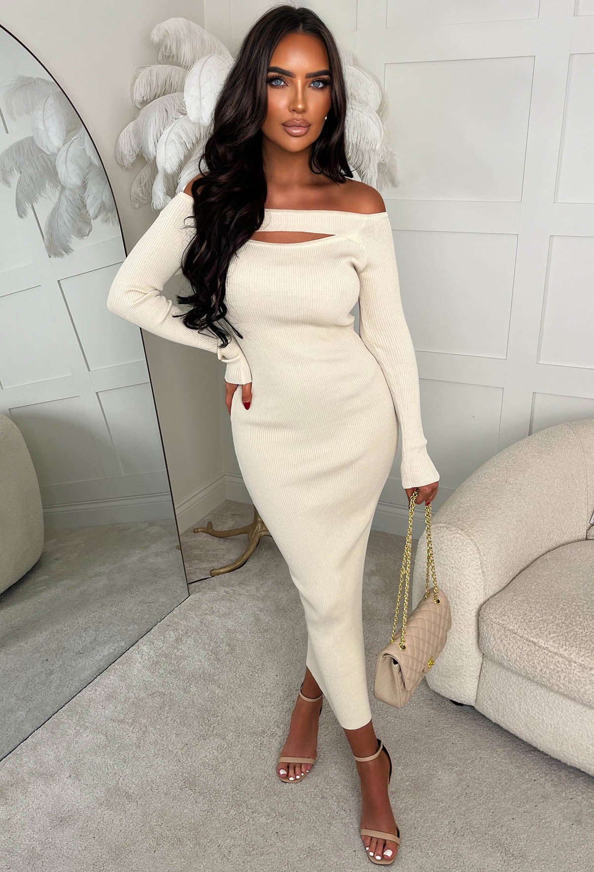 Always Alluring Beige Long Sleeve Rib Cut Out Front Dress