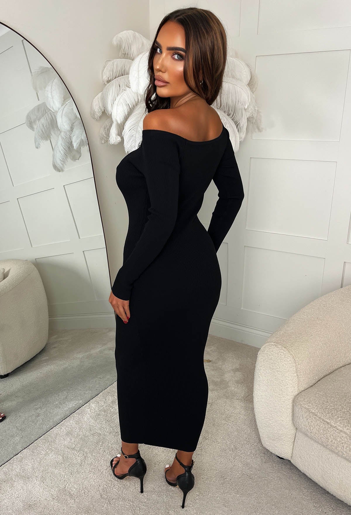 Always Alluring Black Long Sleeve Rib Cut Out Front Dress