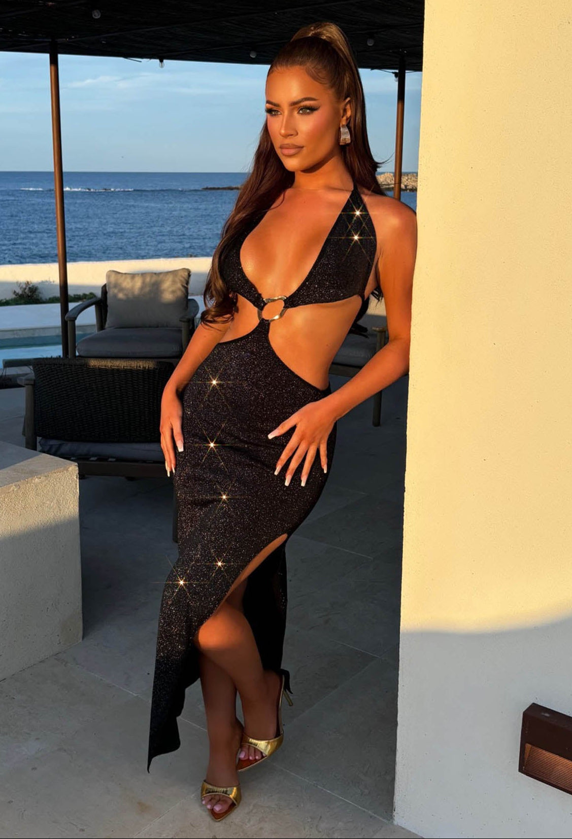 Black Halter Neck Lurex Maxi Dress Full Length Front View