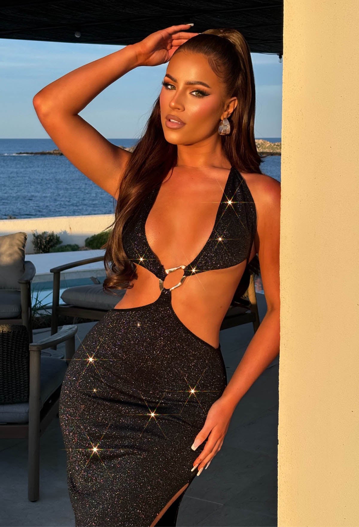 Black Halter Neck Lurex Maxi Dress Close Up Front View