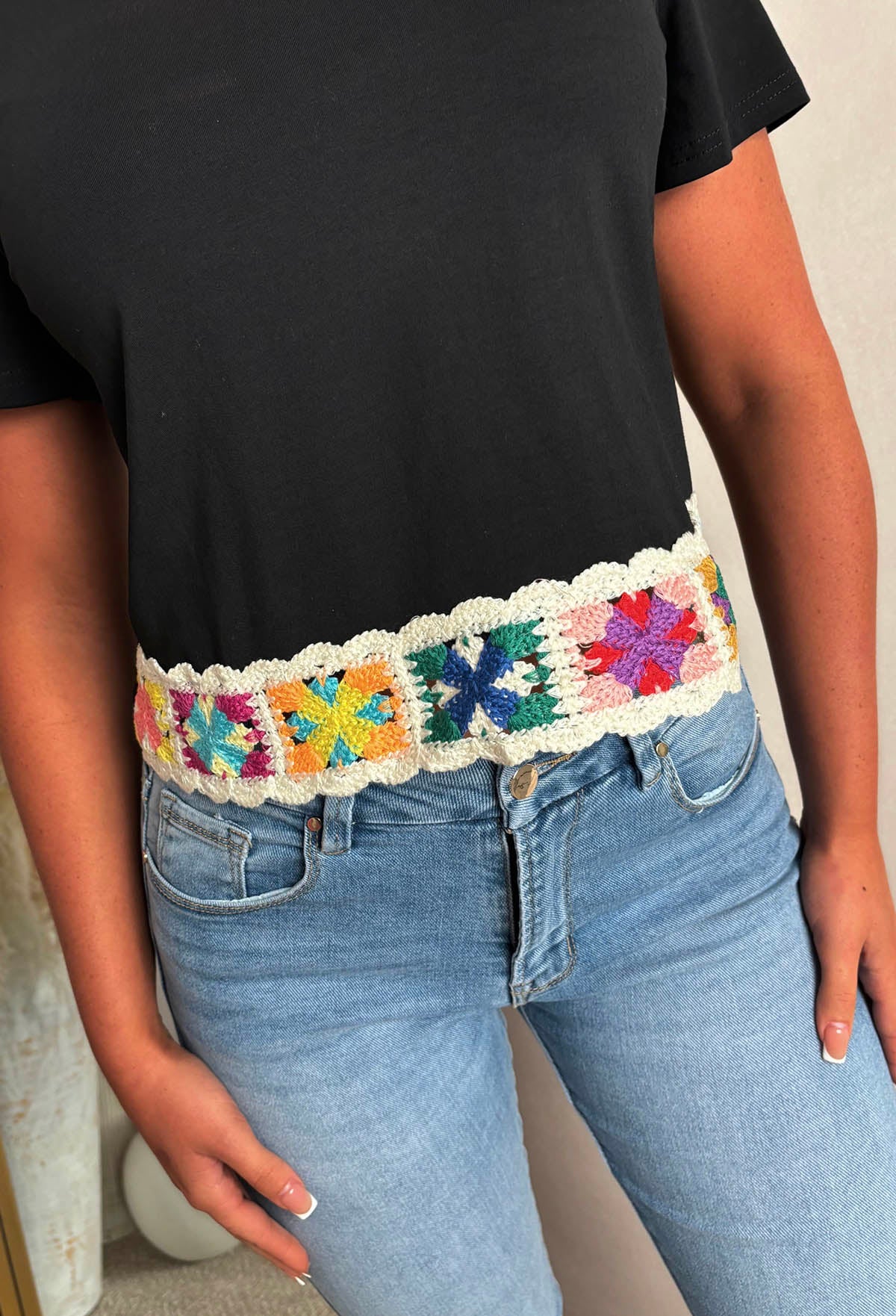 Always Daydreaming Black Crochet Hem T-Shirt