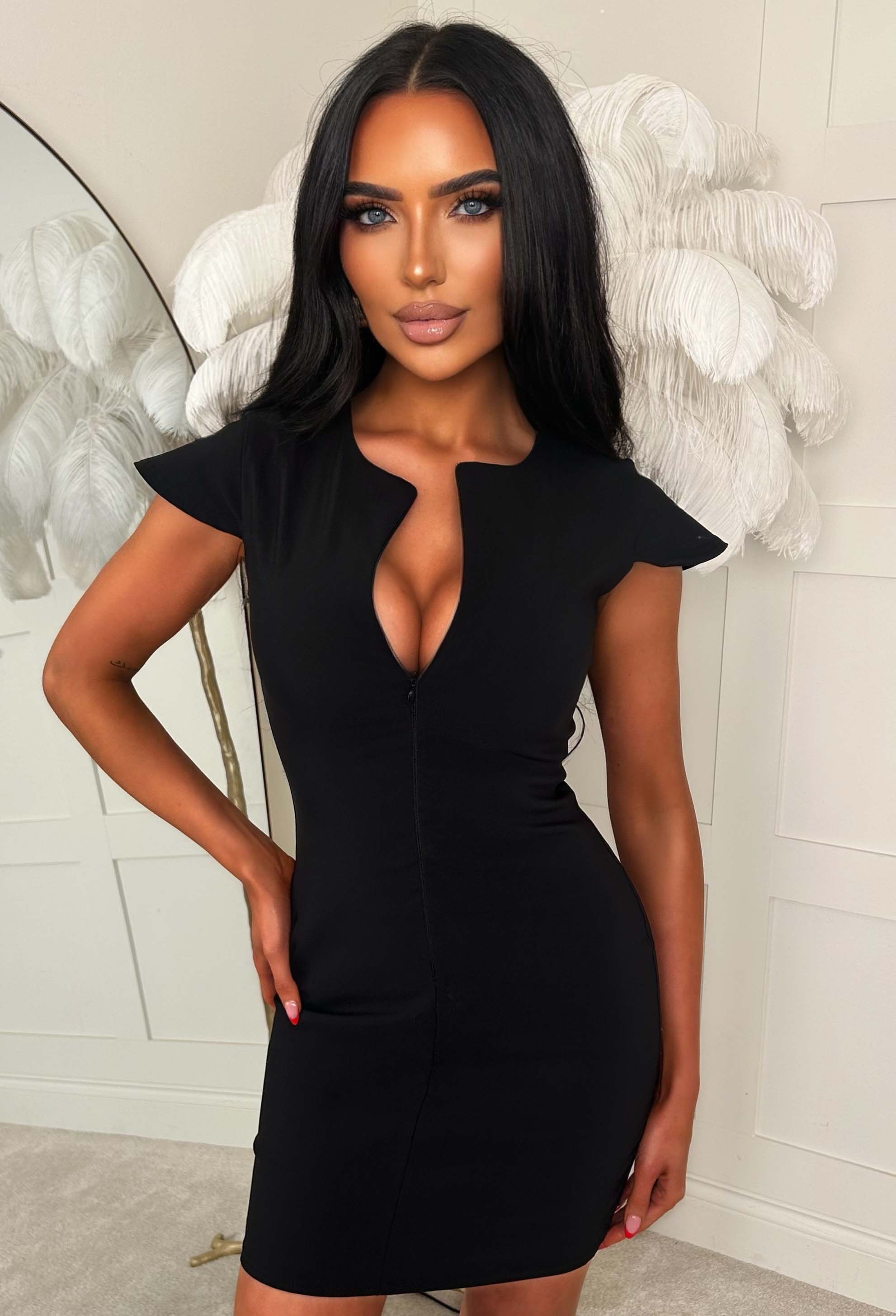 bengaline mini dress Always Tempting Black Zip Front Bengaline Mini Dress