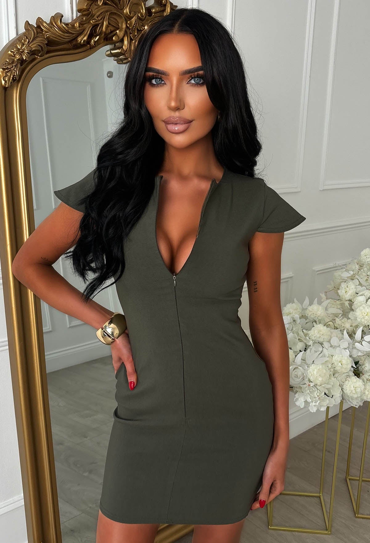 Always Tempting Khaki Zip Front Bengaline Mini Dress | Pink Boutique Always Tempting Khaki Zip Front Bengaline Mini Dress | Pink Boutique