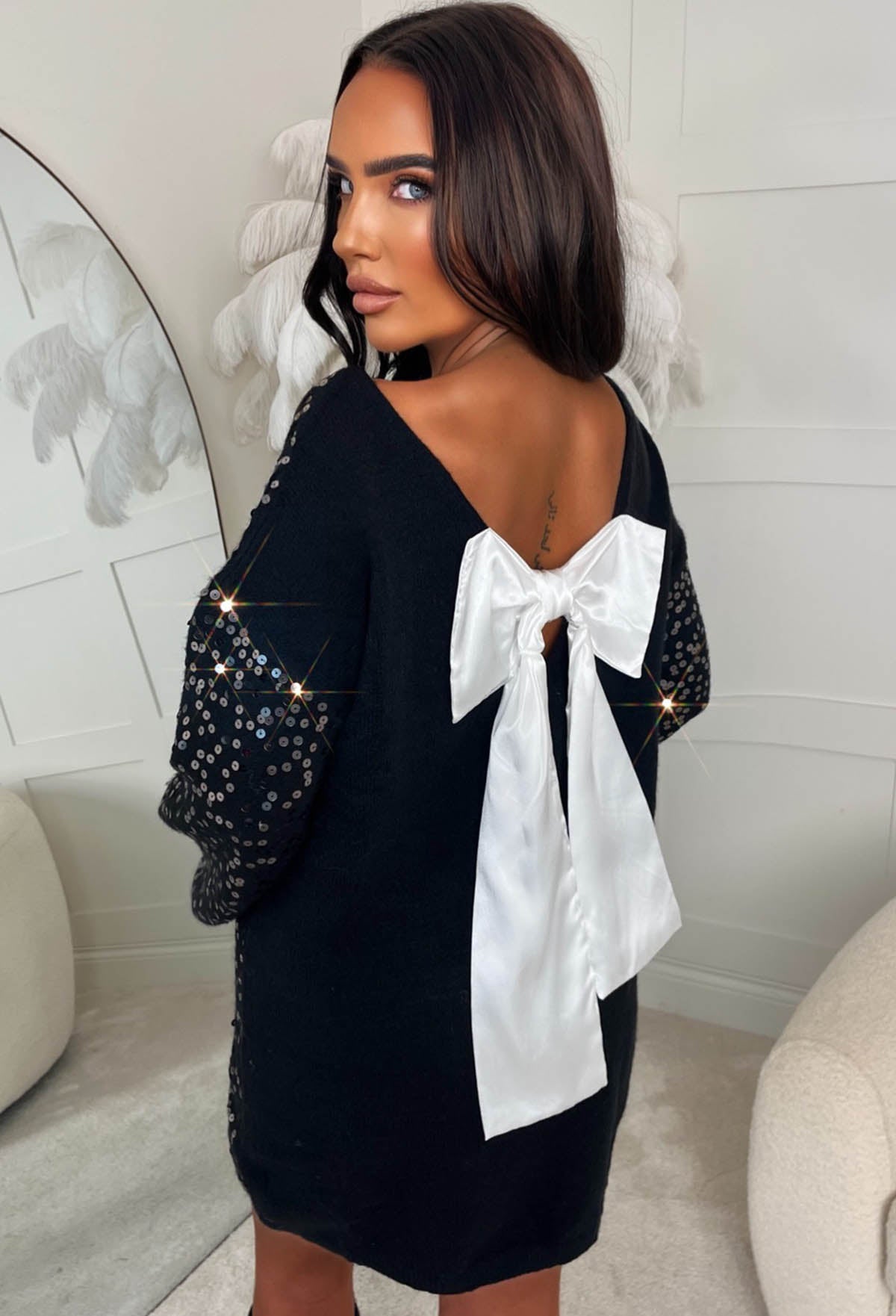 Always You Black Sequin Knitted Bow Back Dress | Pink Boutique Always You Black Sequin Knitted Bow Back Dress | Pink Boutique