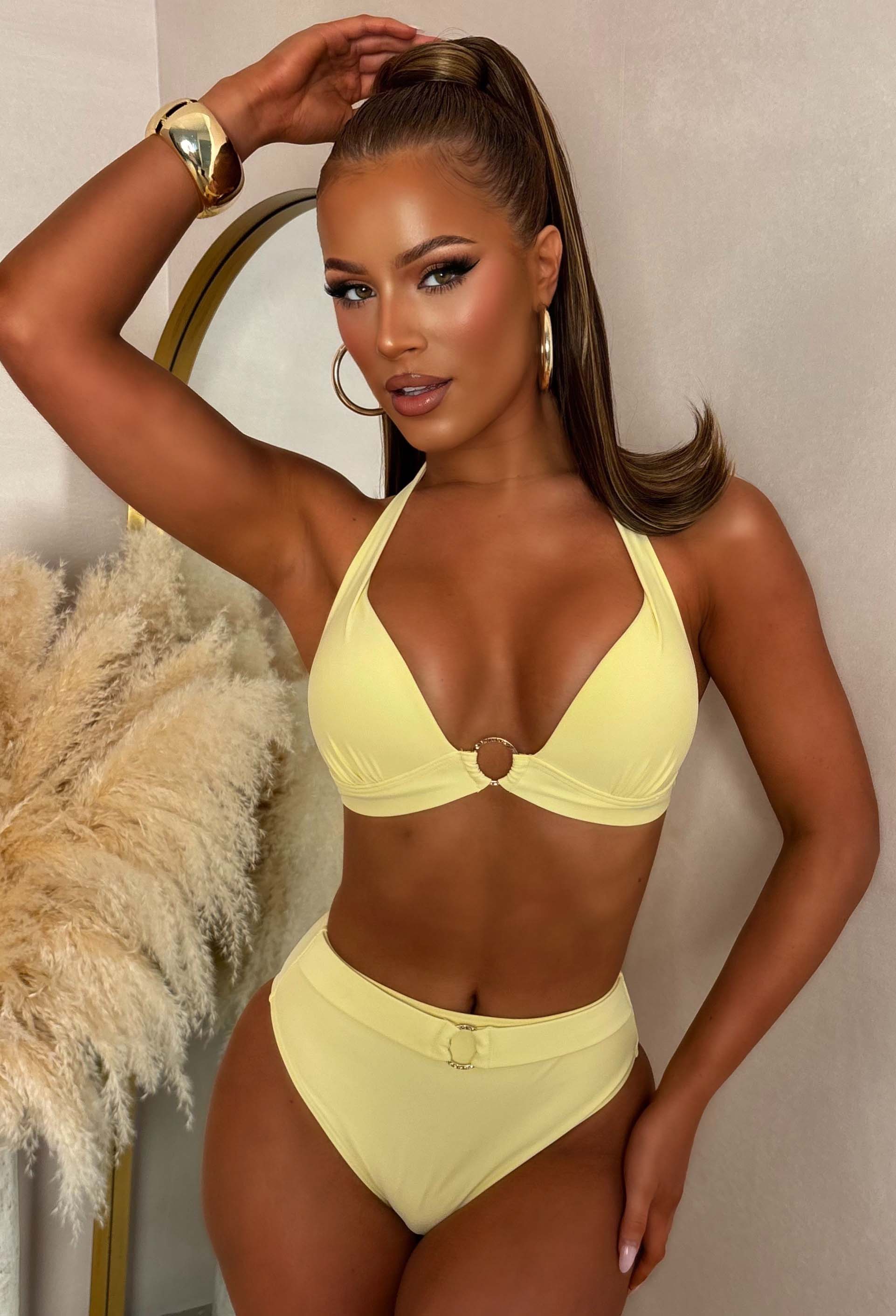Amalfi Butter Yellow Halter Neck Gold Ring Bikini