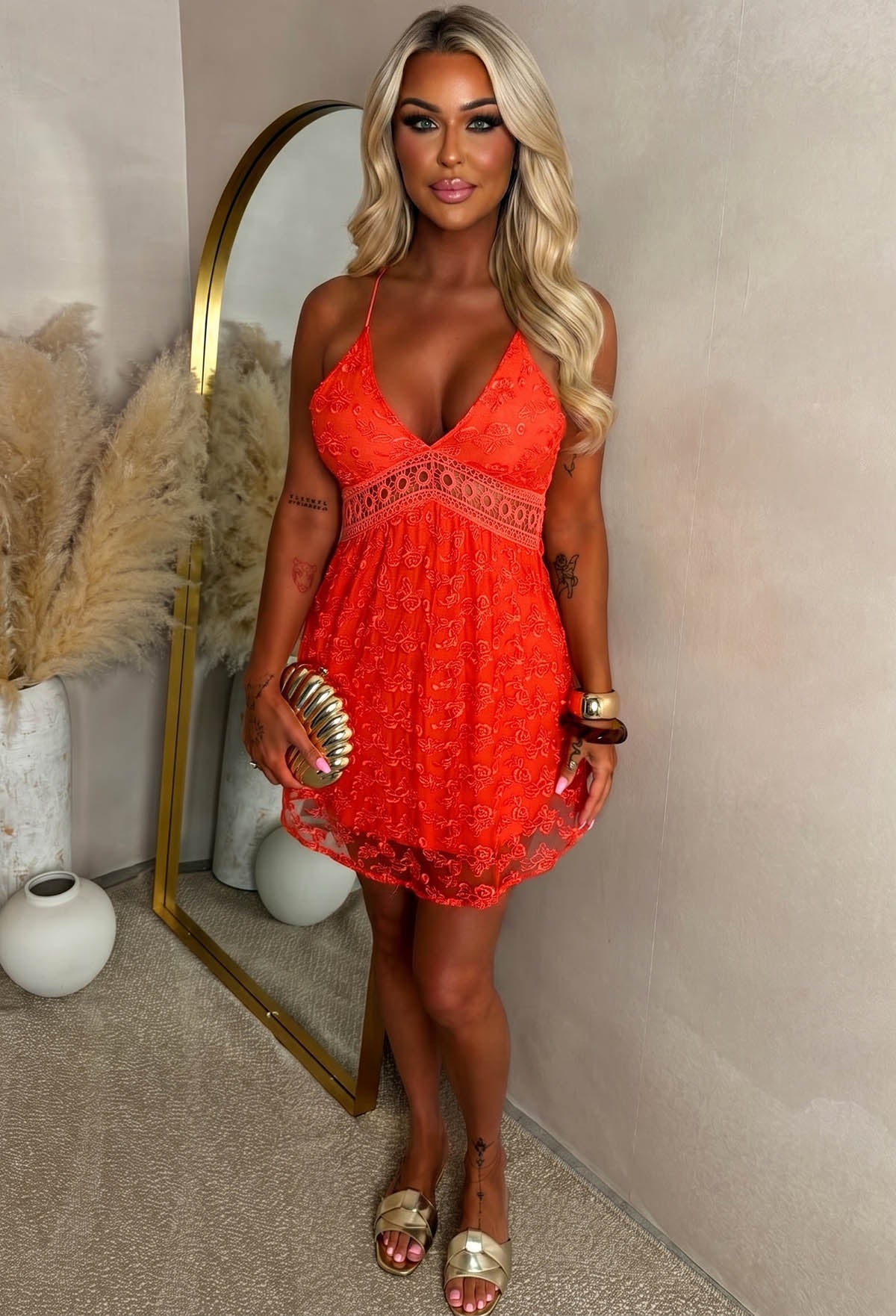 Coral Crochet Trim Lace Mini Dress With Open Back Full Length Front View