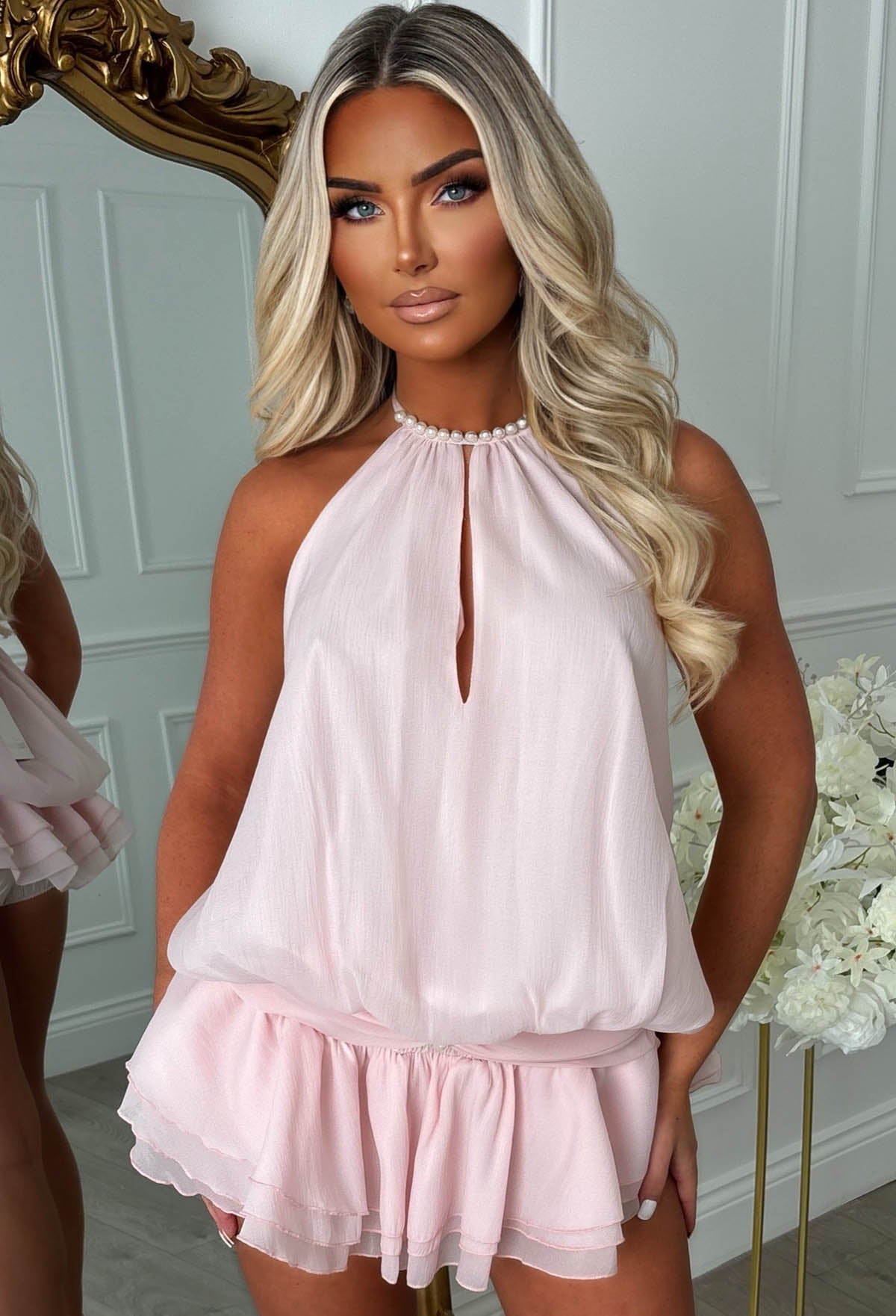 Amnesia Angel Light Pink Pearl Detail Tiered Halterneck Playsuit