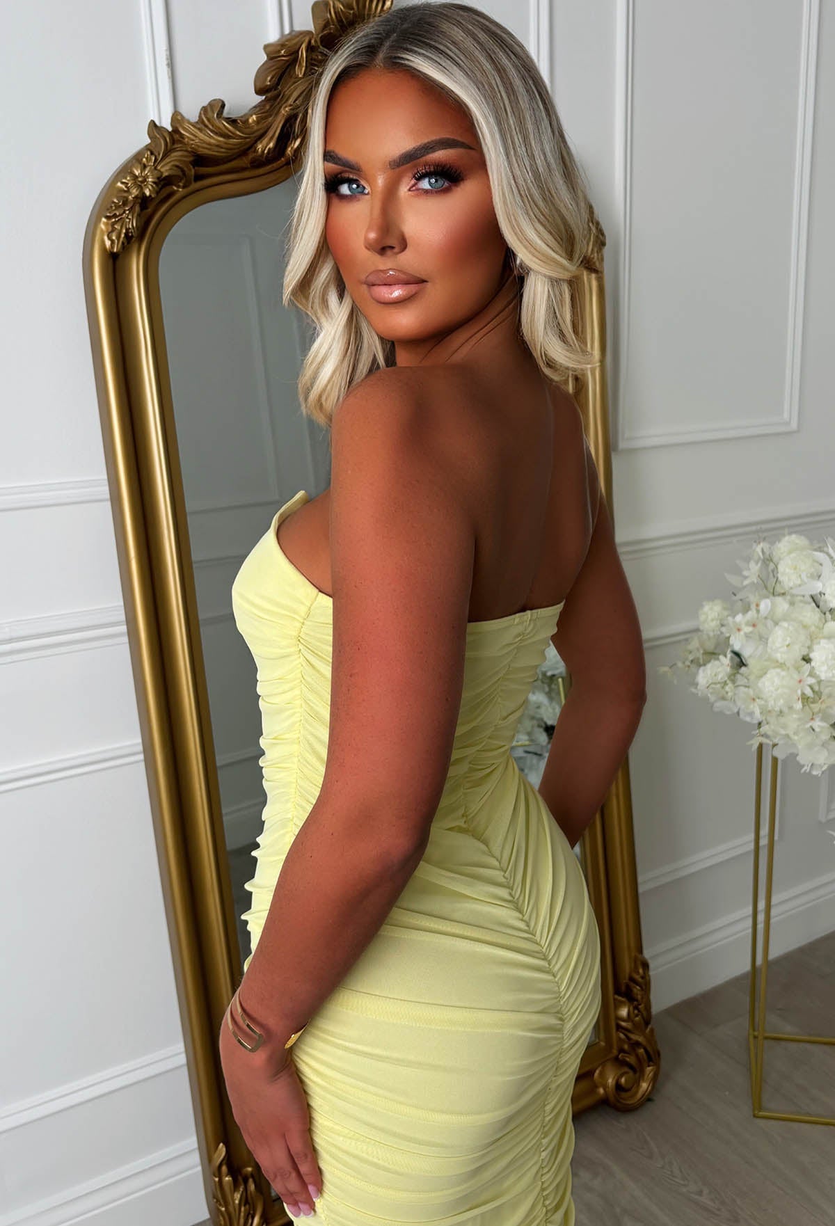 Angel Darling Lemon Ruched Front Bandeau Mesh Dress