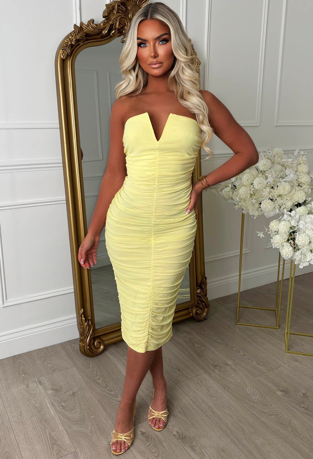 Angel Darling Lemon Ruched Front Bandeau Mesh Dress