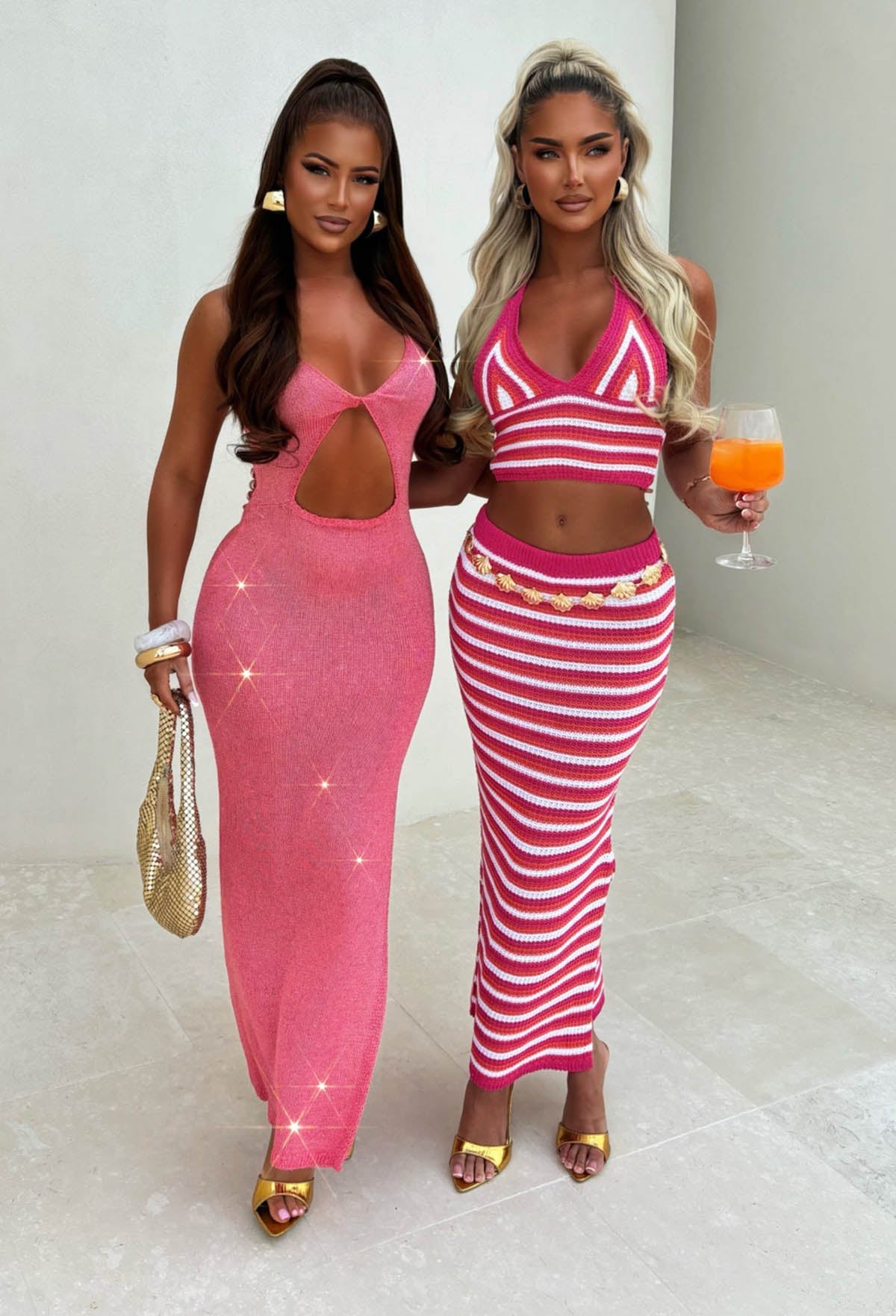 Coral knitted sequin maxi dress with a plunging neckline, front cut-out and figure-hugging stretch fit.