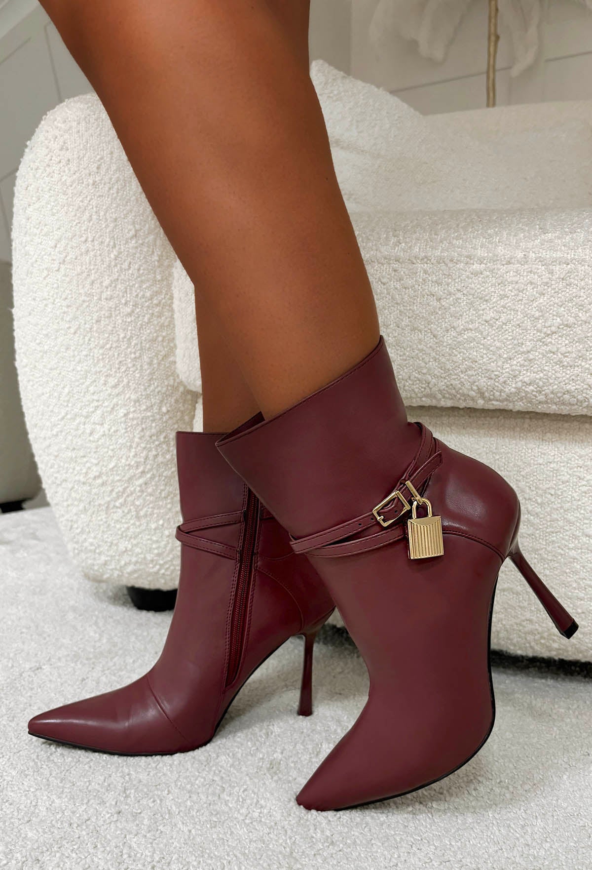 Ariana Wine Faux Leather Lock Detail Stiletto Ankle Boots
