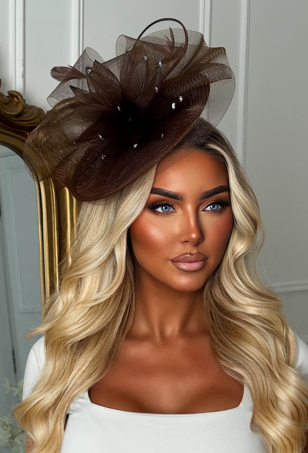 Brown Floral Mesh Fascinator Side View