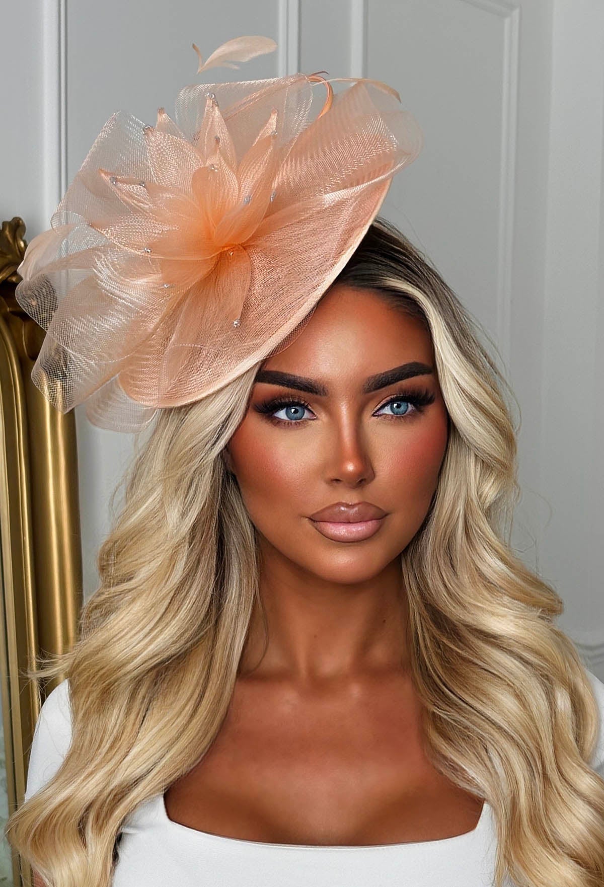Arla Coral Floral Fascinator Close Up Side View