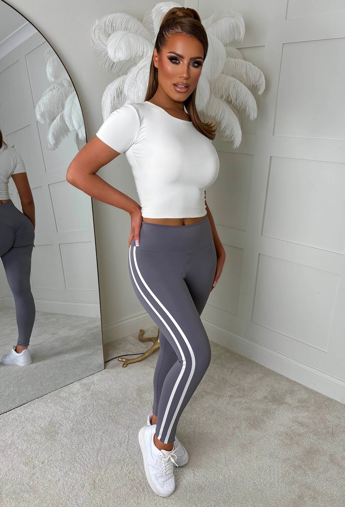 At My Leisure Grey Side Stripe Ruched Leggings