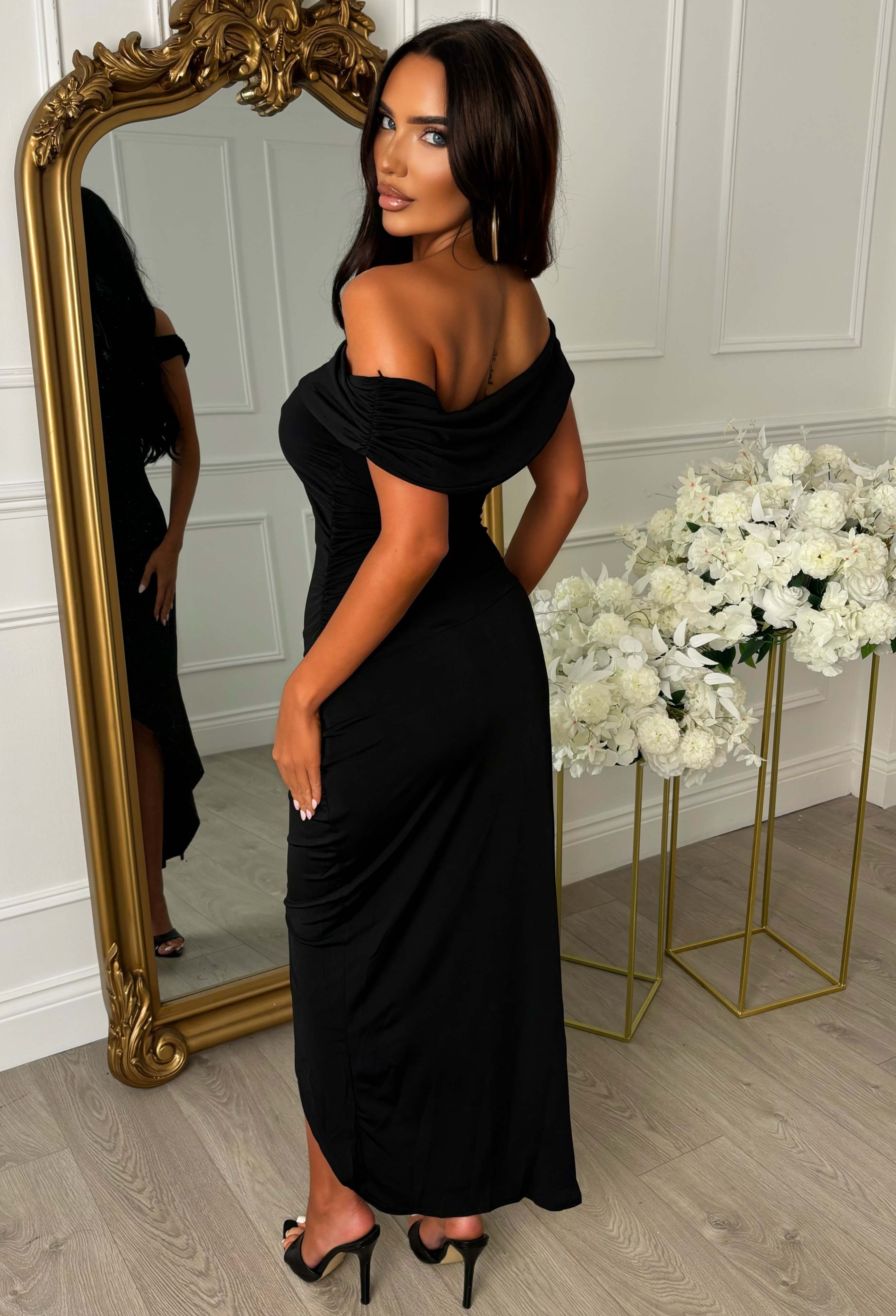 Aurora Allure Black Off Shoulder Split Front Midaxi Dress