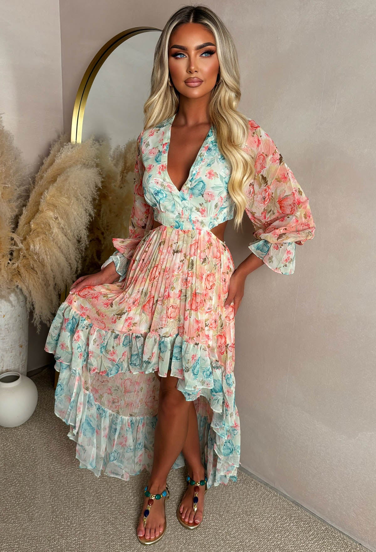 Aurora Bloom Multi Cut Out Floral Long Sleeve Dress | Pink Boutique Aurora Bloom Multi Cut Out Floral Long Sleeve Dress | Pink Boutique