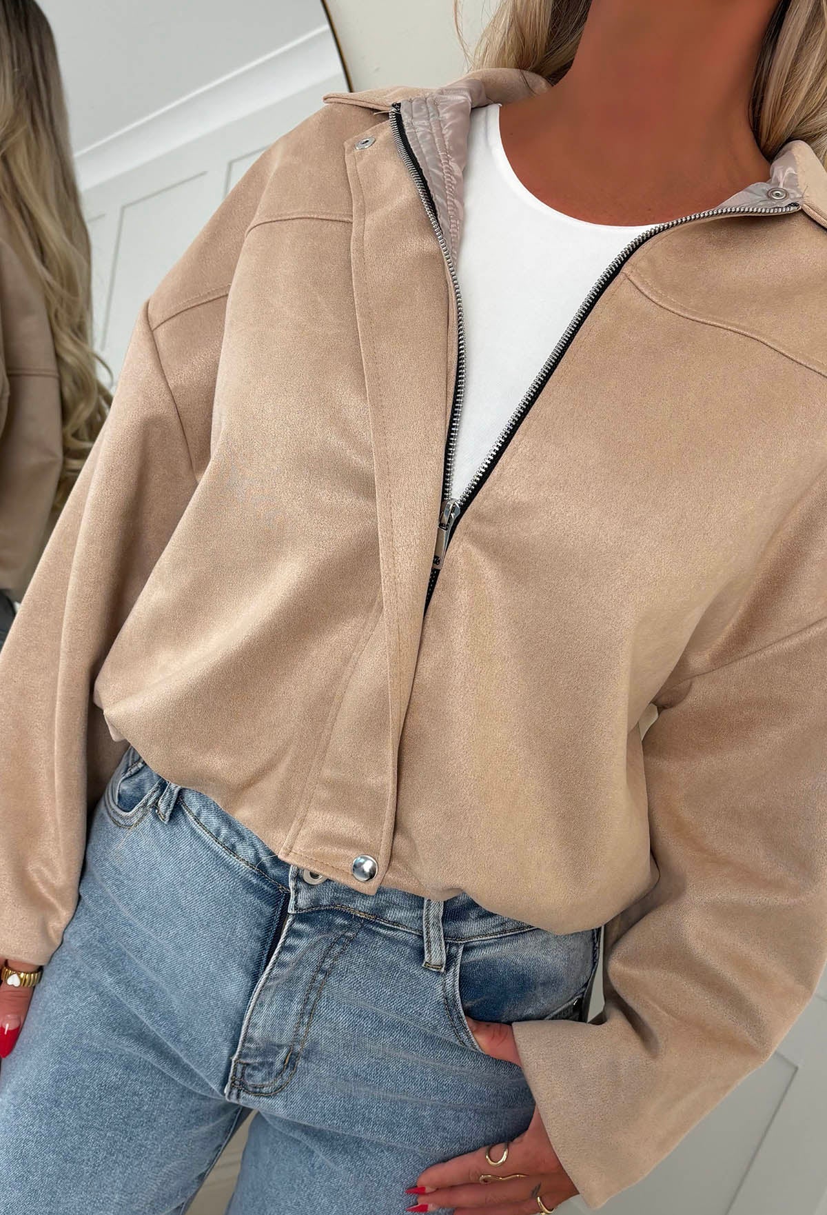 Autumn Crush Beige Faux Suede Bomber Jacket